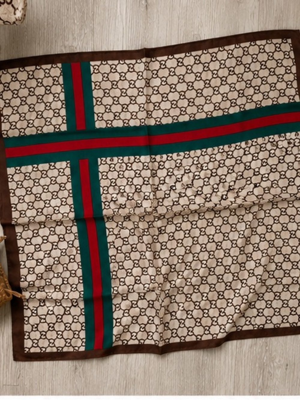 Large Designer Inspired Brown Monogram Stripe Square Scarf Red Green Accent - Picture 4 of 4